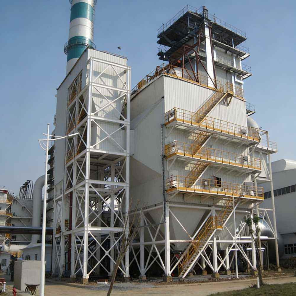 Large baghouse installation with access platforms and stack